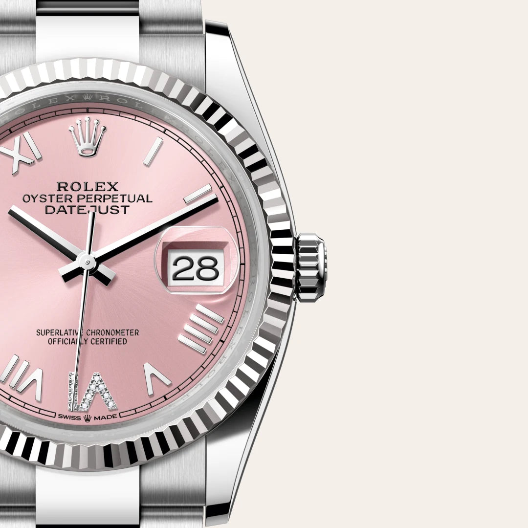 Rolex Datejust 36 in White Rolesor - combination of Oystersteel and white gold with a Pink set with diamonds dial, Fluted bezel, Oyster, three-piece solid links bracelet