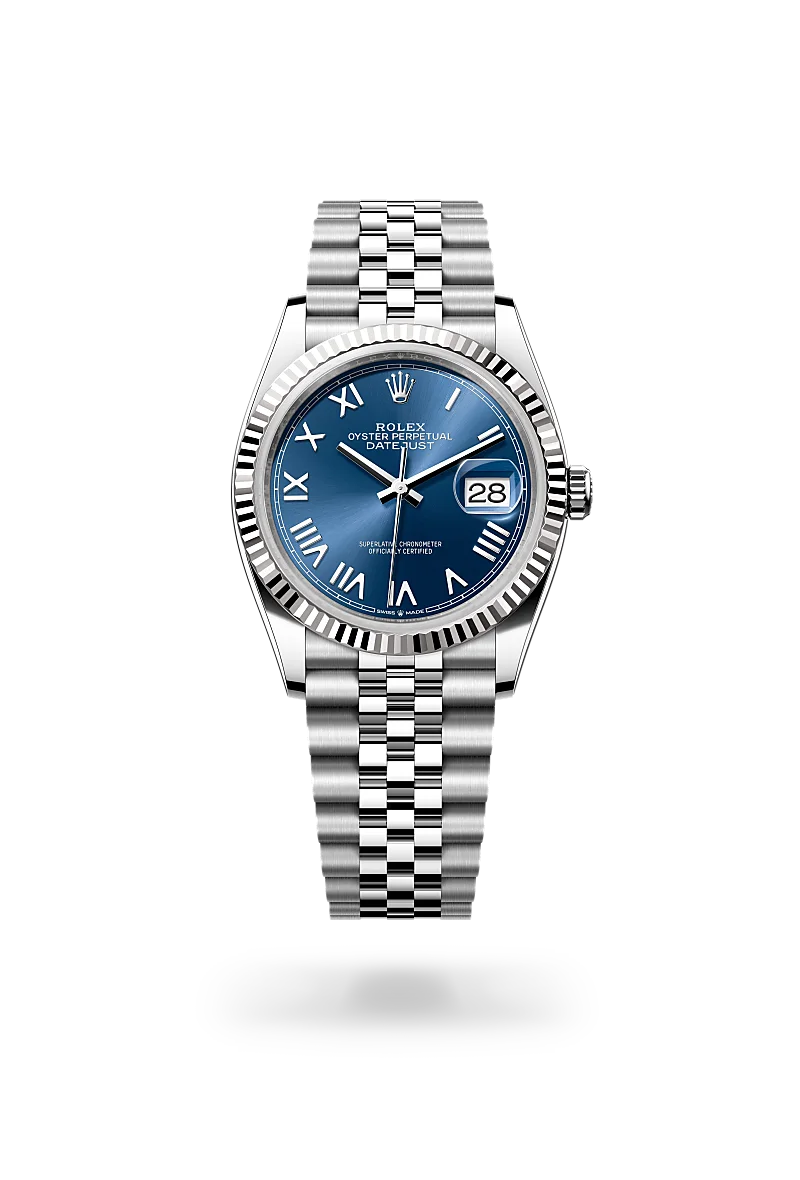 Rolex Datejust 36 in White Rolesor - combination of Oystersteel and white gold with a Bright blue dial, Fluted bezel, Jubilee, five-piece links bracelet