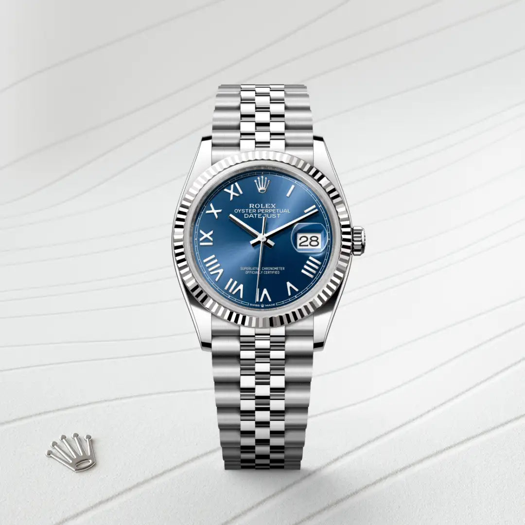 Rolex Datejust 36 in White Rolesor - combination of Oystersteel and white gold with a Bright blue dial, Fluted bezel, Jubilee, five-piece links bracelet