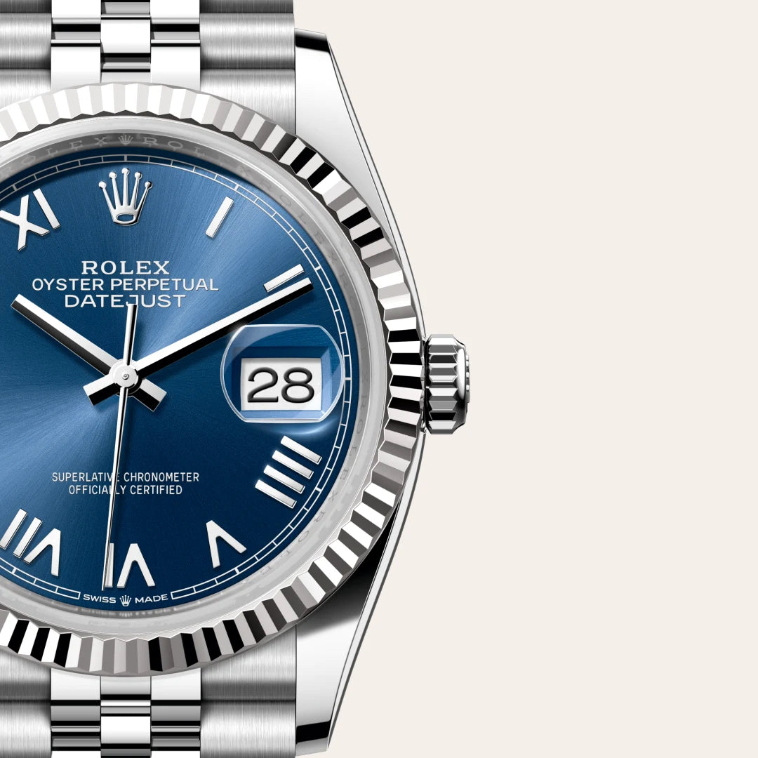 Rolex Datejust 36 in White Rolesor - combination of Oystersteel and white gold with a Bright blue dial, Fluted bezel, Jubilee, five-piece links bracelet