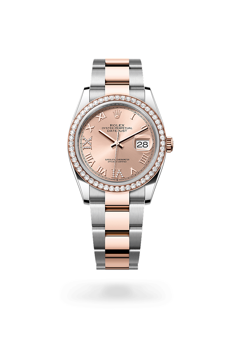 Rolex Datejust 36 in Everose Rolesor - combination of Oystersteel and Everose gold with a Rosé-colour set with diamonds dial, Set with diamonds bezel, Oyster, three-piece solid links bracelet