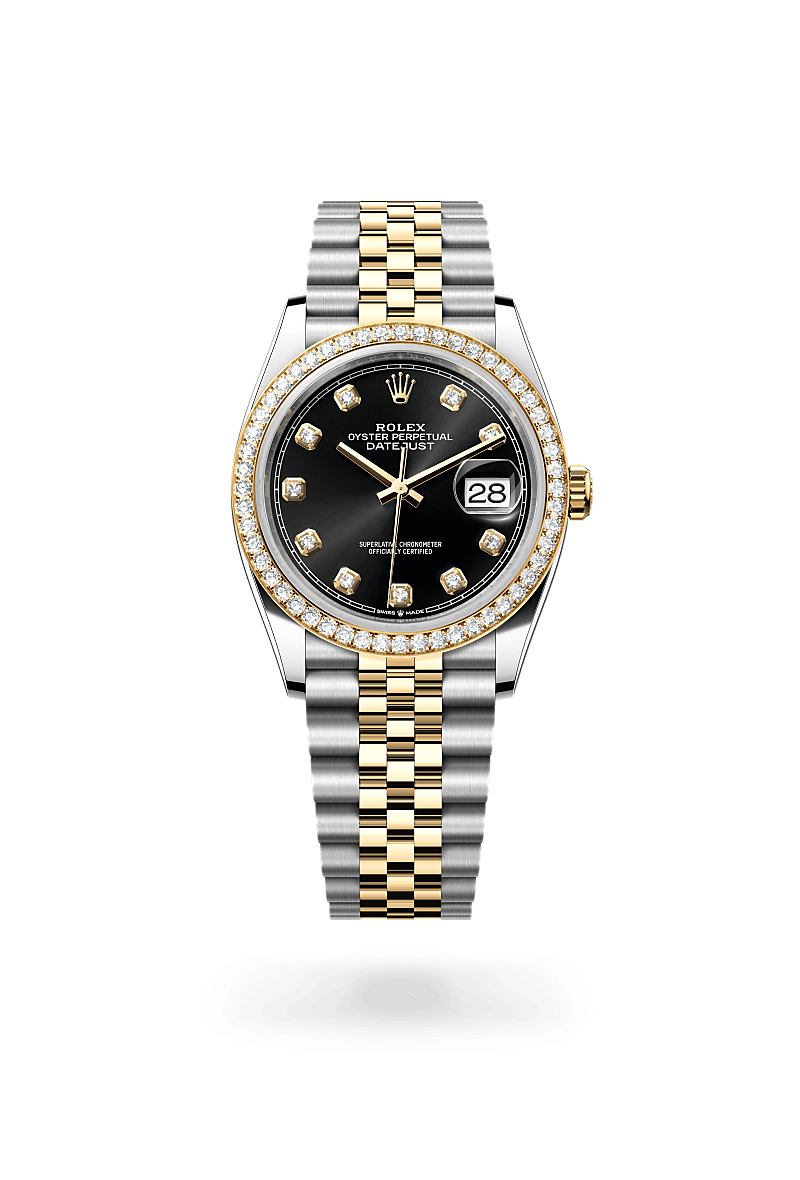 Rolex Datejust 36 in Yellow Rolesor - combination of Oystersteel and yellow gold with a Bright black set with diamonds dial, Set with diamonds bezel, Jubilee, five-piece links bracelet