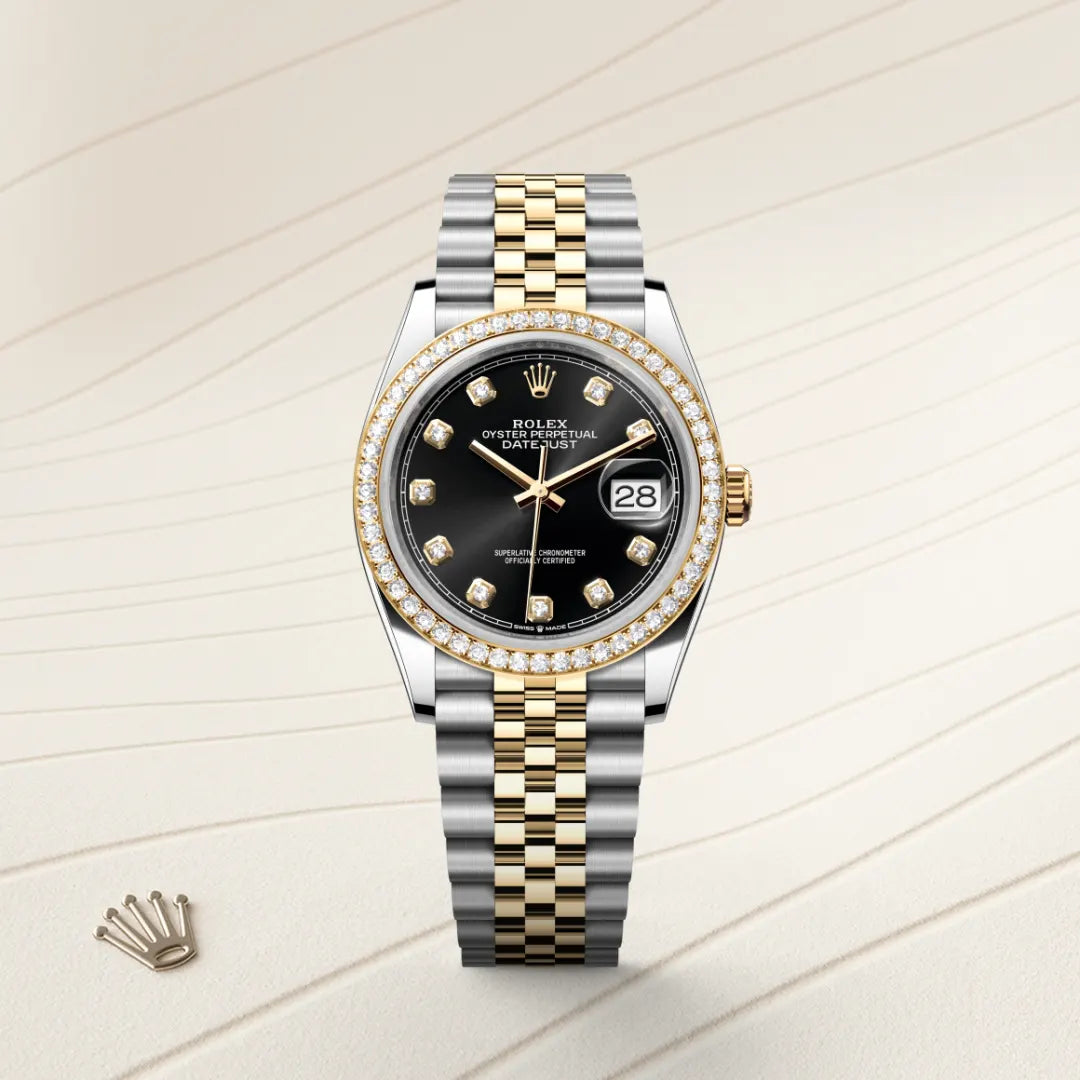 Rolex Datejust 36 in Yellow Rolesor - combination of Oystersteel and yellow gold with a Bright black set with diamonds dial, Set with diamonds bezel, Jubilee, five-piece links bracelet