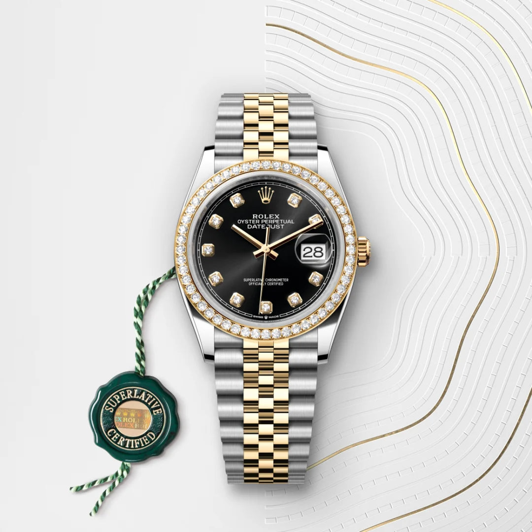 Rolex Datejust 36 in Yellow Rolesor - combination of Oystersteel and yellow gold with a Bright black set with diamonds dial, Set with diamonds bezel, Jubilee, five-piece links bracelet