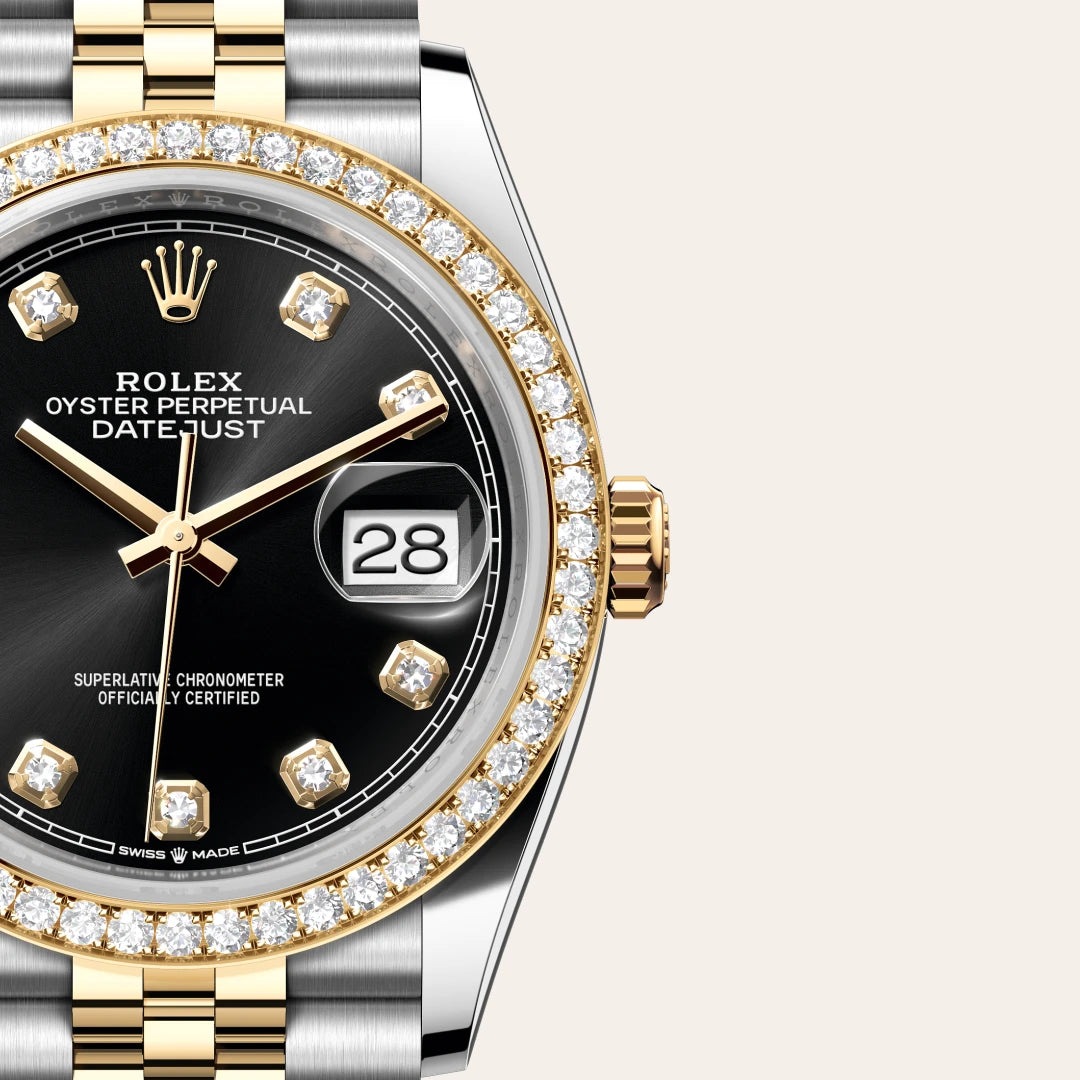 Rolex Datejust 36 in Yellow Rolesor - combination of Oystersteel and yellow gold with a Bright black set with diamonds dial, Set with diamonds bezel, Jubilee, five-piece links bracelet