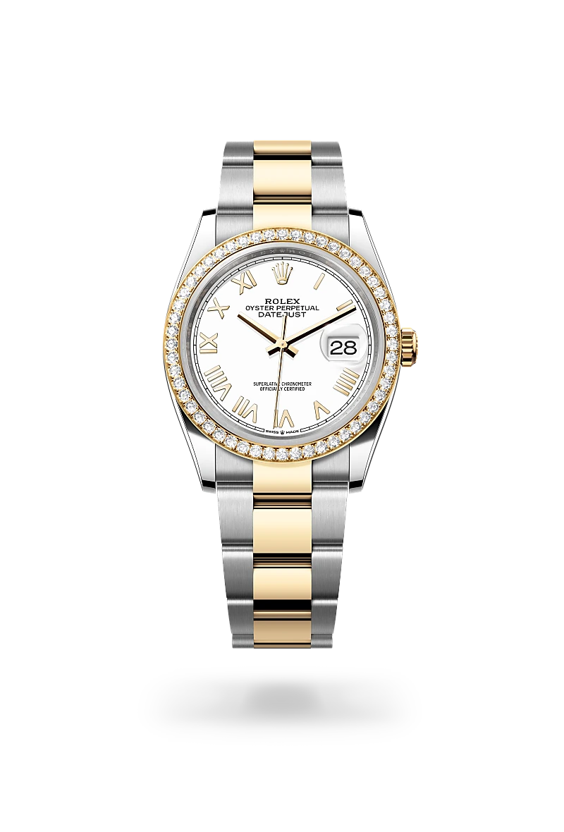 Rolex Datejust 36 in Yellow Rolesor - combination of Oystersteel and yellow gold with a White dial, Diamond-set bezel, Oyster, three-piece solid links bracelet