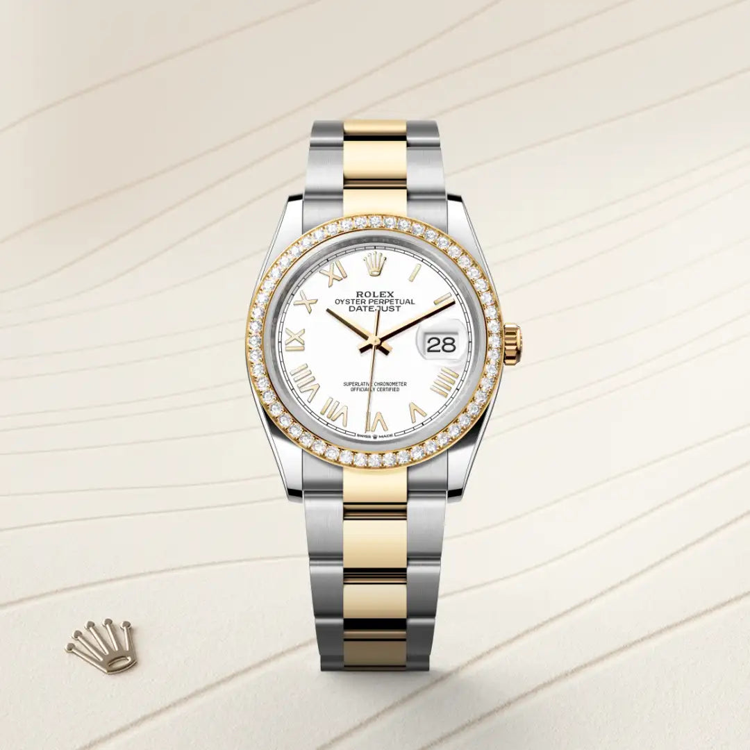 Rolex Datejust 36 in Yellow Rolesor - combination of Oystersteel and yellow gold with a White dial, Diamond-set bezel, Oyster, three-piece solid links bracelet
