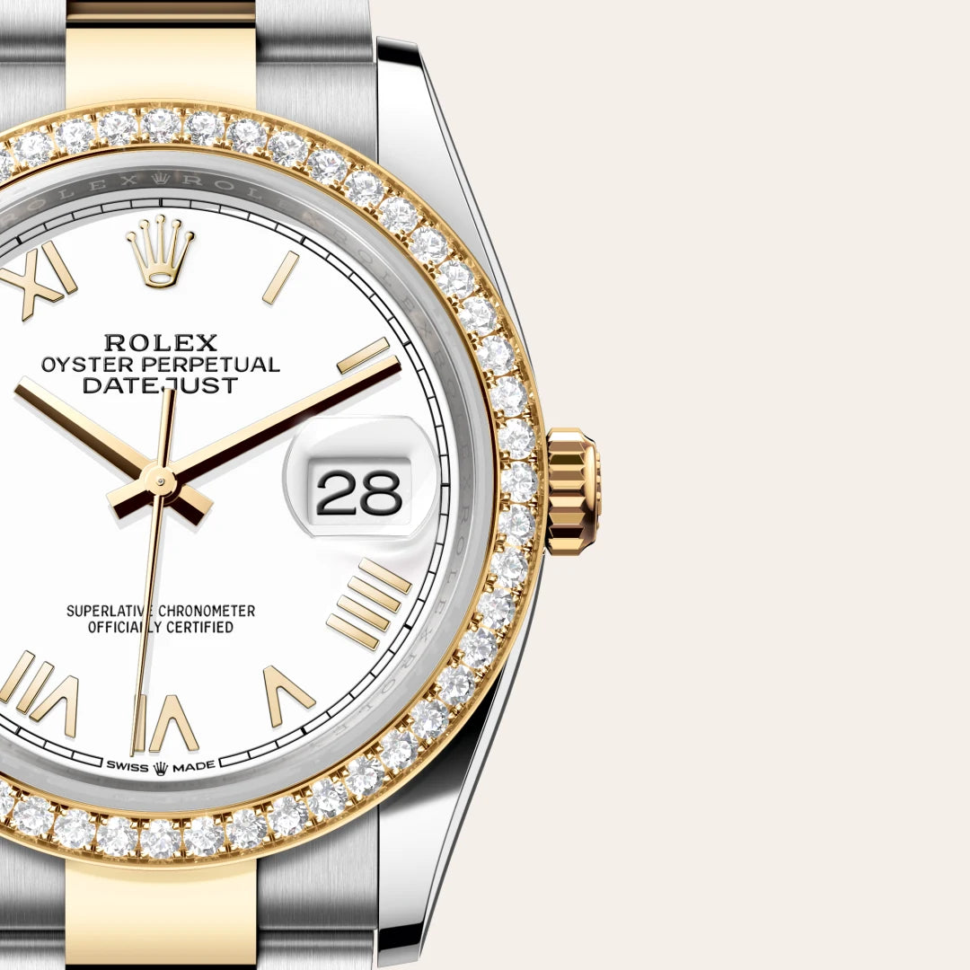 Rolex Datejust 36 in Yellow Rolesor - combination of Oystersteel and yellow gold with a White dial, Diamond-set bezel, Oyster, three-piece solid links bracelet