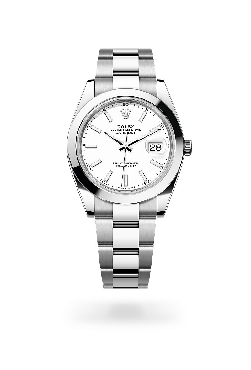 Rolex Datejust 41 in Oystersteel with a White dial, Smooth bezel, Oyster, three-piece solid links bracelet