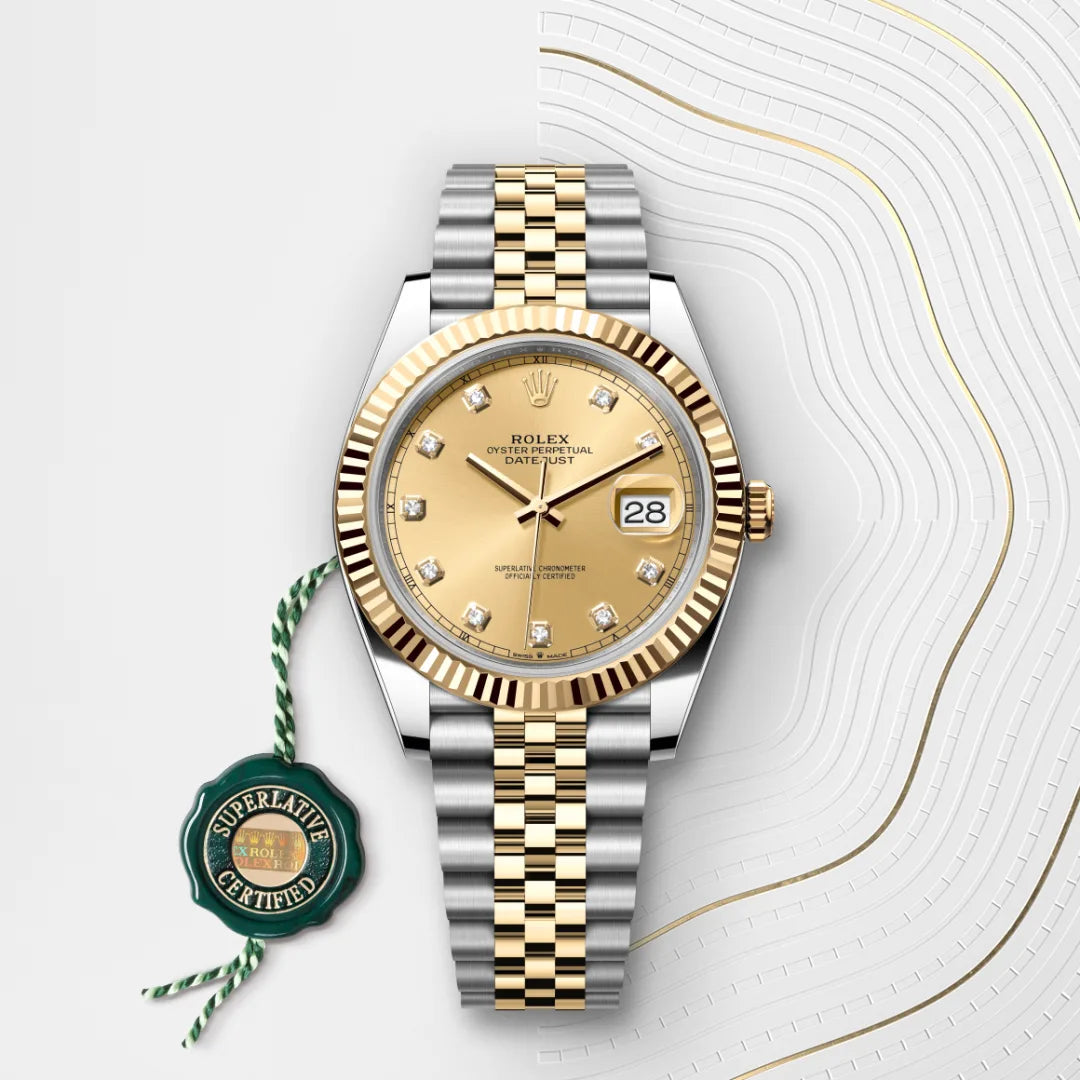 Rolex Datejust 41 in Yellow Rolesor - combination of Oystersteel and yellow gold with a Champagne-colour set with diamonds dial, Fluted bezel, Jubilee, five-piece links bracelet
