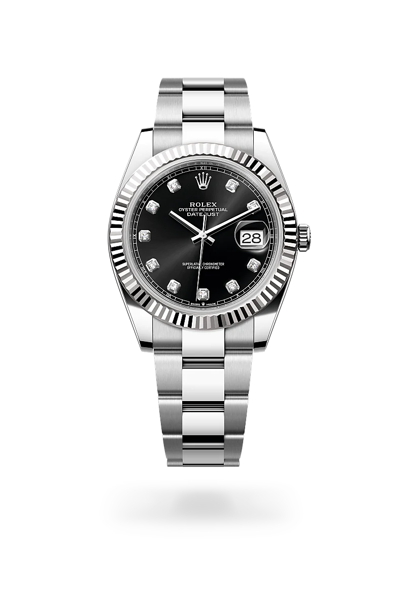 Rolex Datejust 41 in White Rolesor - combination of Oystersteel and white gold with a Bright black set with diamonds dial, Fluted bezel, Oyster, three-piece solid links bracelet