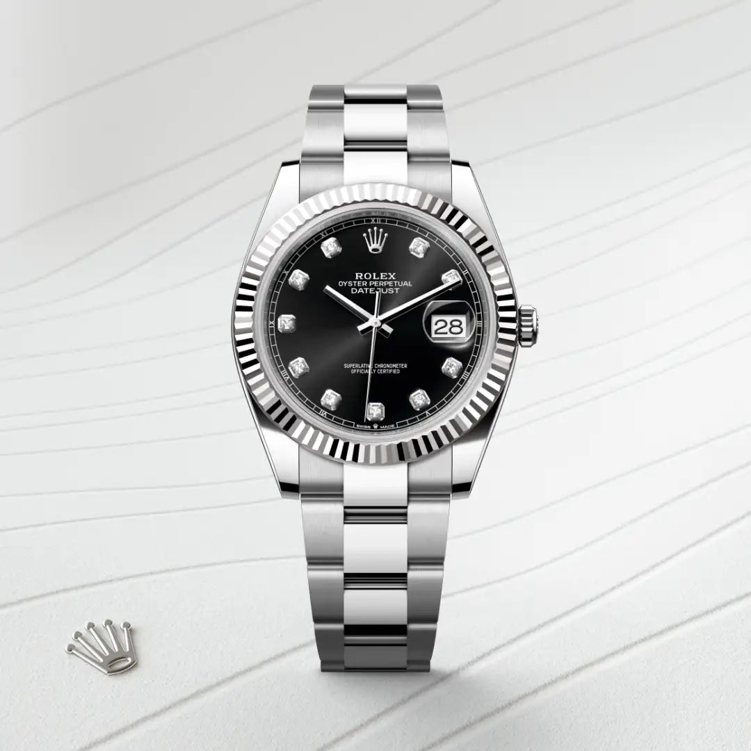 Rolex Datejust 41 in White Rolesor - combination of Oystersteel and white gold with a Bright black set with diamonds dial, Fluted bezel, Oyster, three-piece solid links bracelet