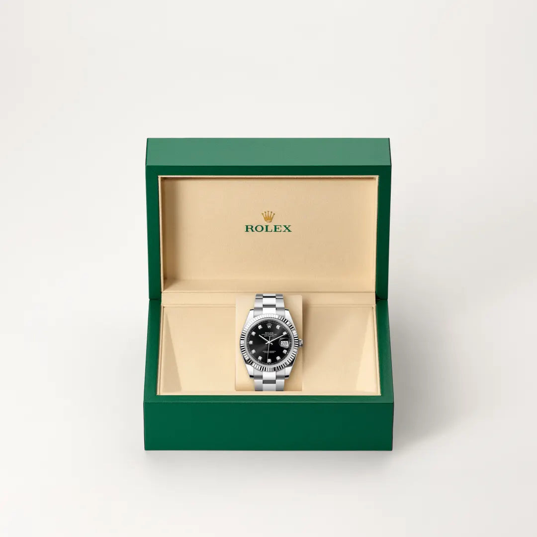 Rolex Datejust 41 in White Rolesor - combination of Oystersteel and white gold with a Bright black set with diamonds dial, Fluted bezel, Oyster, three-piece solid links bracelet