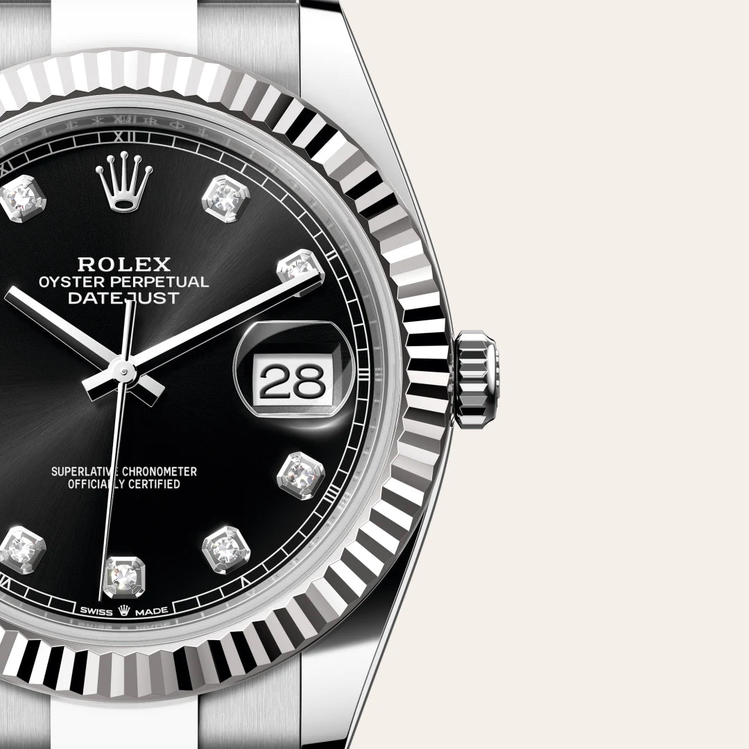 Rolex Datejust 41 in White Rolesor - combination of Oystersteel and white gold with a Bright black set with diamonds dial, Fluted bezel, Oyster, three-piece solid links bracelet