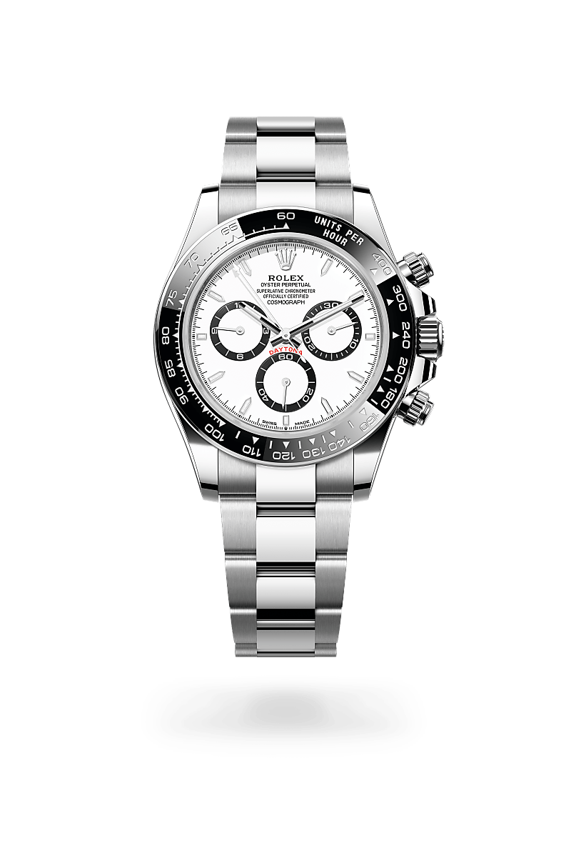 Rolex Cosmograph Daytona in Oystersteel with a White, black counter rings dial, Black monobloc Cerachrom bezel in ceramic with moulded tachymetric scale bezel, Oyster, three-piece solid links bracelet