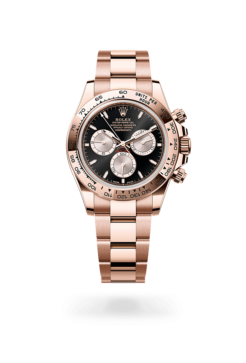 Rolex Cosmograph Daytona in 18 ct Everose gold with a Bright black and Sundust dial, Fixed, with engraved tachymetric scale, in 18 ct Everose gold bezel, Oyster, three-piece solid links bracelet