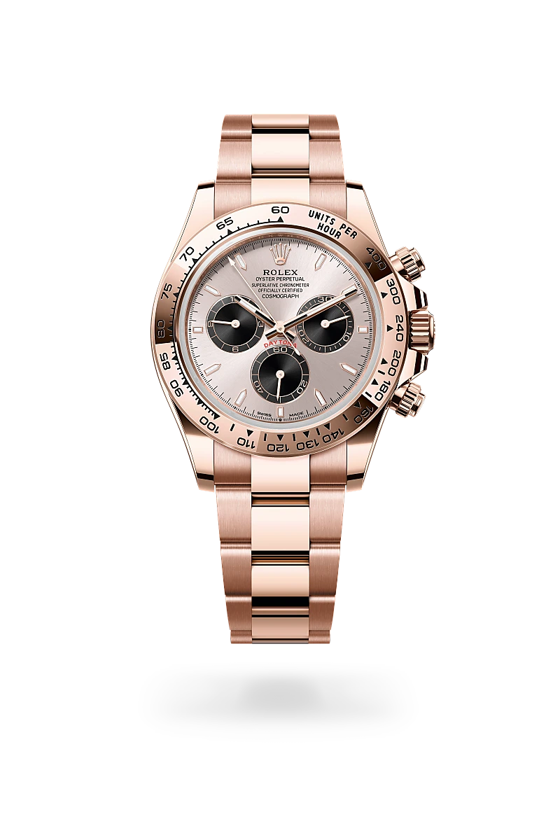 Rolex Cosmograph Daytona in 18 ct Everose gold with a Sundust and bright black dial, Fixed, with engraved tachymetric scale, in 18 ct Everose gold bezel, Oyster, three-piece solid links bracelet