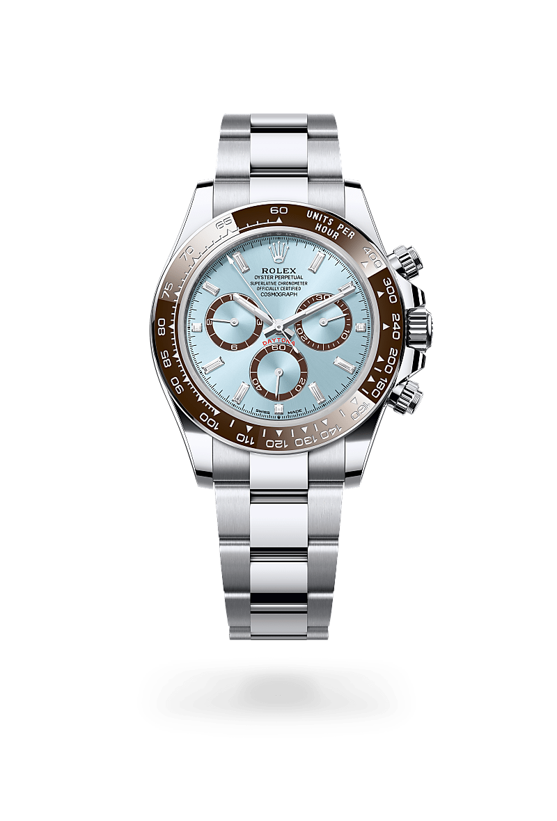 Rolex Cosmograph Daytona in Platinum with a Ice blue, chestnut brown counter rings set with diamonds dial, Chestnut brown monobloc Cerachrom bezel in ceramic with moulded numerals and graduations bezel, Oyster, three-piece solid links bracelet