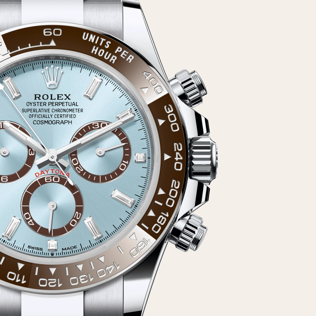 Rolex Cosmograph Daytona in Platinum with a Ice blue, chestnut brown counter rings set with diamonds dial, Chestnut brown monobloc Cerachrom bezel in ceramic with moulded numerals and graduations bezel, Oyster, three-piece solid links bracelet