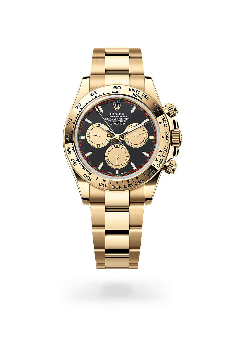Rolex Cosmograph Daytona in 18 ct yellow gold with a Intense black and champagne-colour dial, Fixed, with engraved tachymetric scale, in 18 ct yellow gold bezel, Oyster, three-piece solid links bracelet