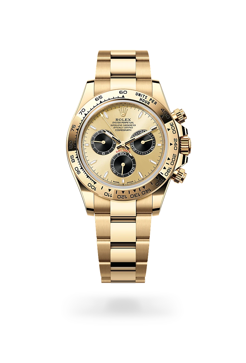 Rolex Cosmograph Daytona in 18 ct yellow gold with a Golden and bright black dial, Fixed, with engraved tachymetric scale, in 18 ct yellow gold bezel, Oyster, three-piece solid links bracelet