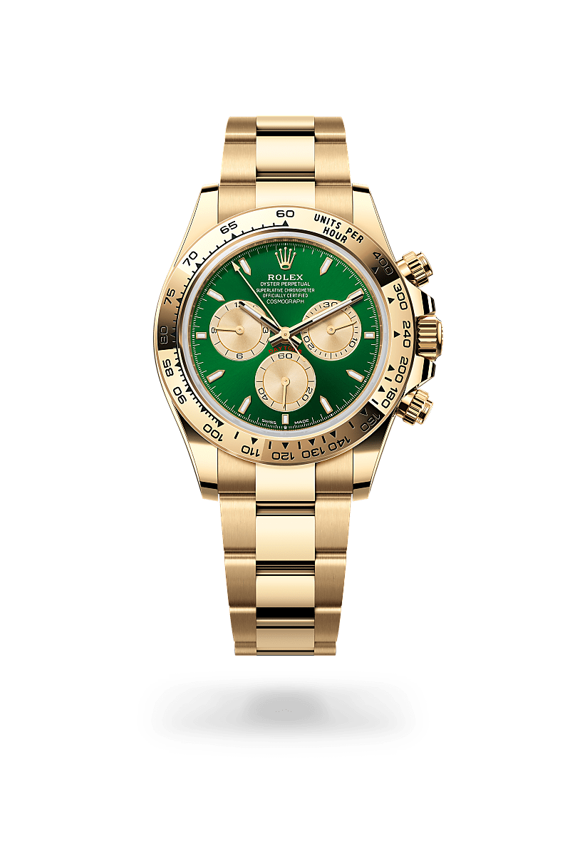 Rolex Cosmograph Daytona in 18 ct yellow gold with a Bright green and golden dial, Fixed, with engraved tachymetric scale, in 18 ct yellow gold bezel, Oyster, three-piece solid links bracelet