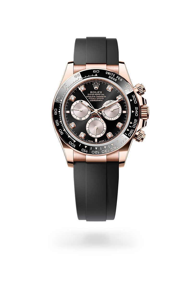 Rolex Cosmograph Daytona in 18 ct Everose gold with a Bright black and Sundust set with diamonds dial, Black monobloc Cerachrom bezel in ceramic with moulded tachymetric scale bezel, Oysterflex bracelet
