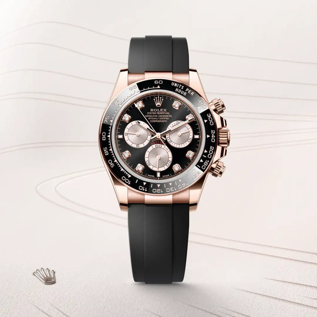 Rolex Cosmograph Daytona in 18 ct Everose gold with a Bright black and Sundust set with diamonds dial, Black monobloc Cerachrom bezel in ceramic with moulded tachymetric scale bezel, Oysterflex bracelet
