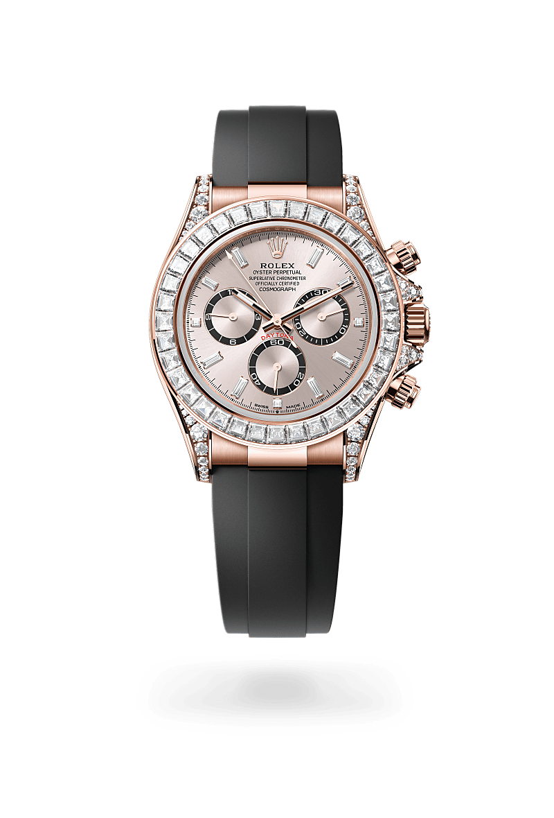 Rolex Cosmograph Daytona in 18 ct Everose gold with lugs set with diamonds with a Sundust, bright black counter rings set with diamonds dial, Set with diamonds bezel, Oysterflex bracelet
