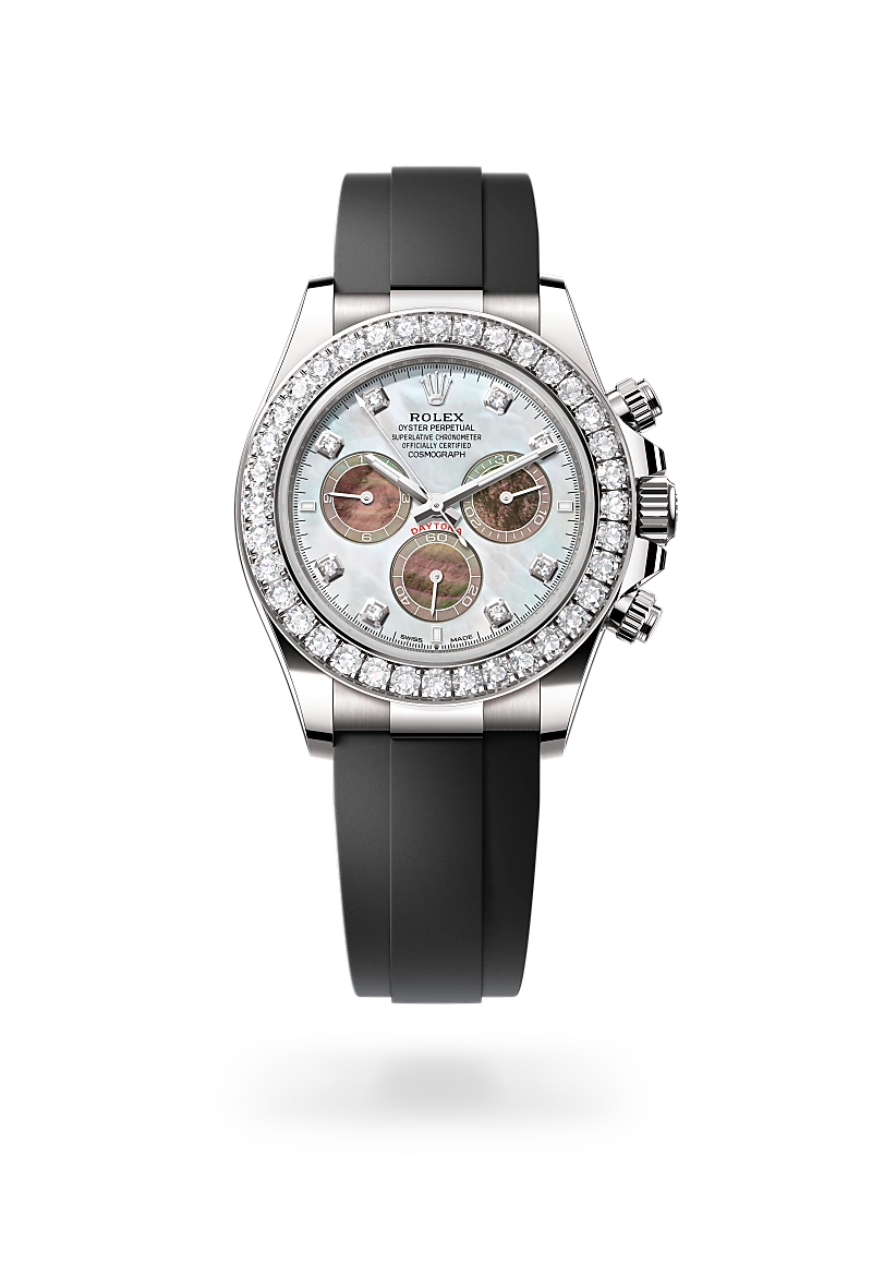 Rolex Cosmograph Daytona in 18 ct white gold with a White and black mother-of-pearl set with diamonds dial, Set with diamonds bezel, Oysterflex bracelet