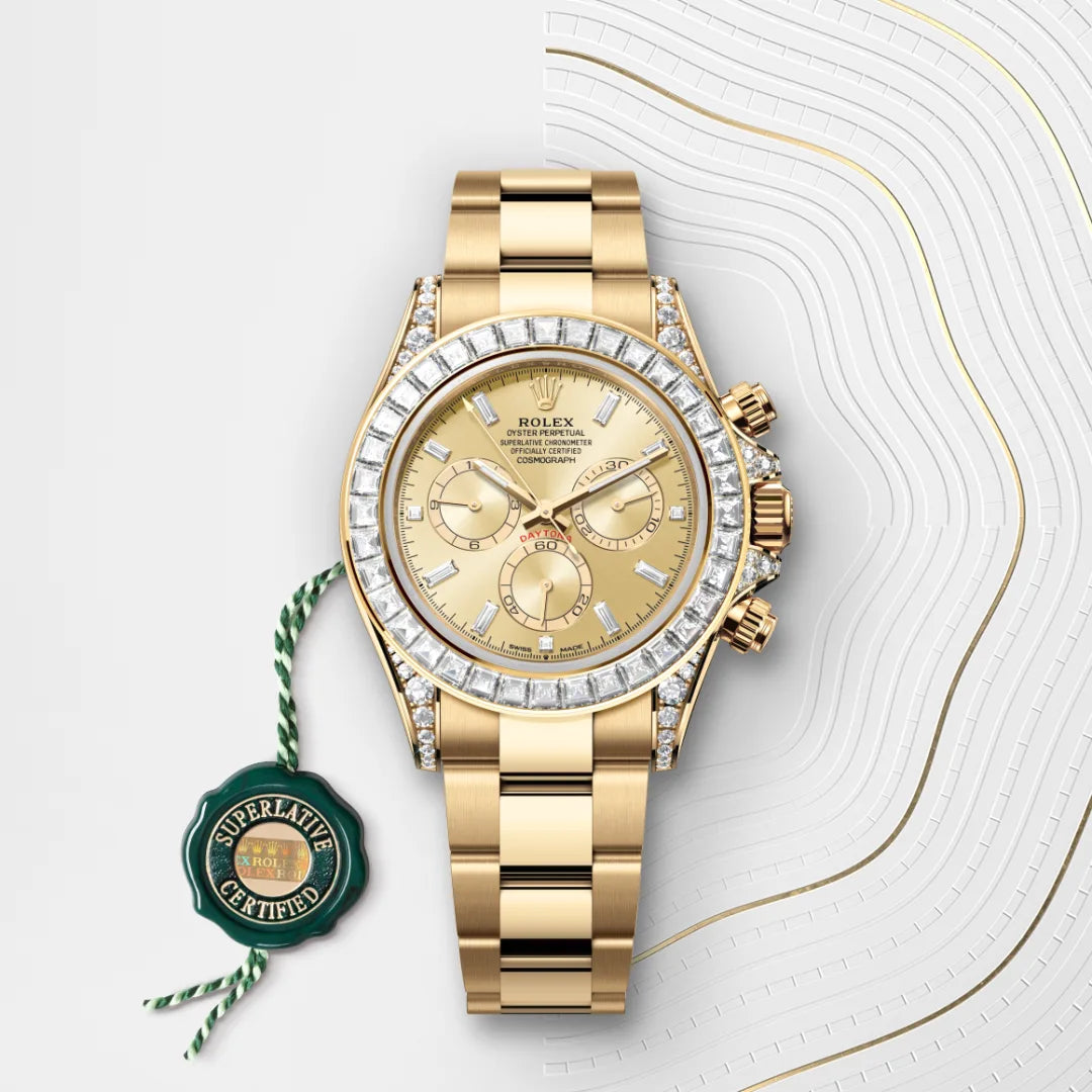 Rolex Cosmograph Daytona in 18 ct yellow gold with lugs set with diamonds with a Golden set with diamonds dial, Set with diamonds bezel, Oyster, three-piece solid links bracelet