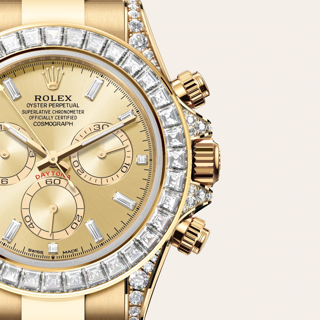 Rolex Cosmograph Daytona in 18 ct yellow gold with lugs set with diamonds with a Golden set with diamonds dial, Set with diamonds bezel, Oyster, three-piece solid links bracelet
