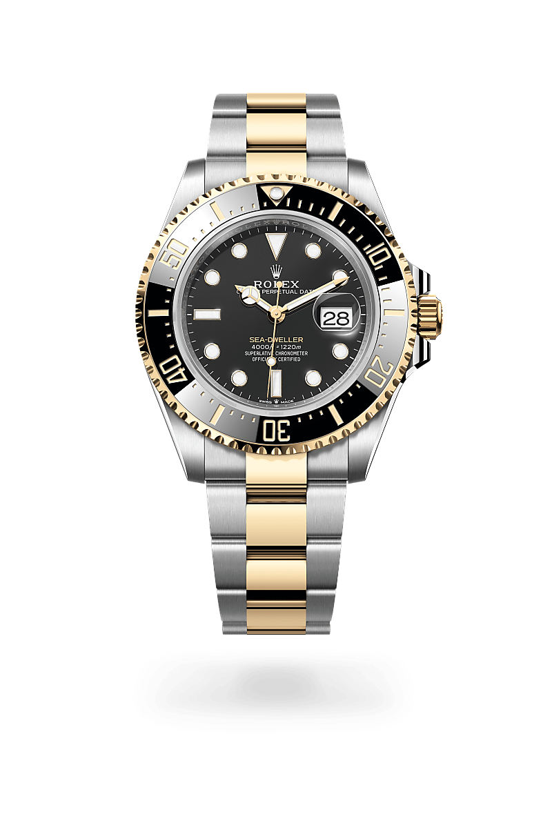 Rolex Sea-Dweller in Yellow Rolesor - combination of Oystersteel and yellow gold with a Intense black dial, Unidirectional rotatable 60-minute graduated, scratch-resistant Cerachrom insert in black ceramic, numerals and graduations coated in gold bezel, Oyster, three-piece solid links bracelet