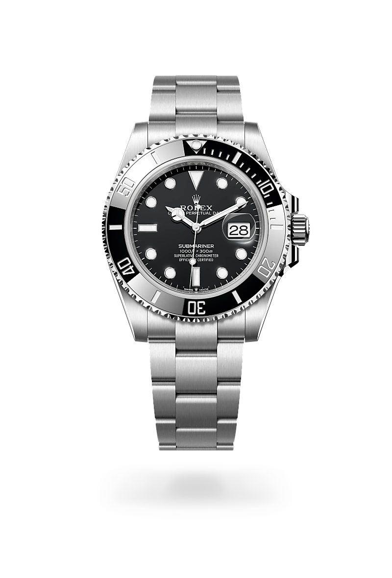 Rolex Submariner Date in Oystersteel with a Black dial, Unidirectional rotatable 60-minute graduated, scratch-resistant Cerachrom insert in black ceramic, numerals and graduations coated in platinum bezel, Oyster, three-piece solid links bracelet