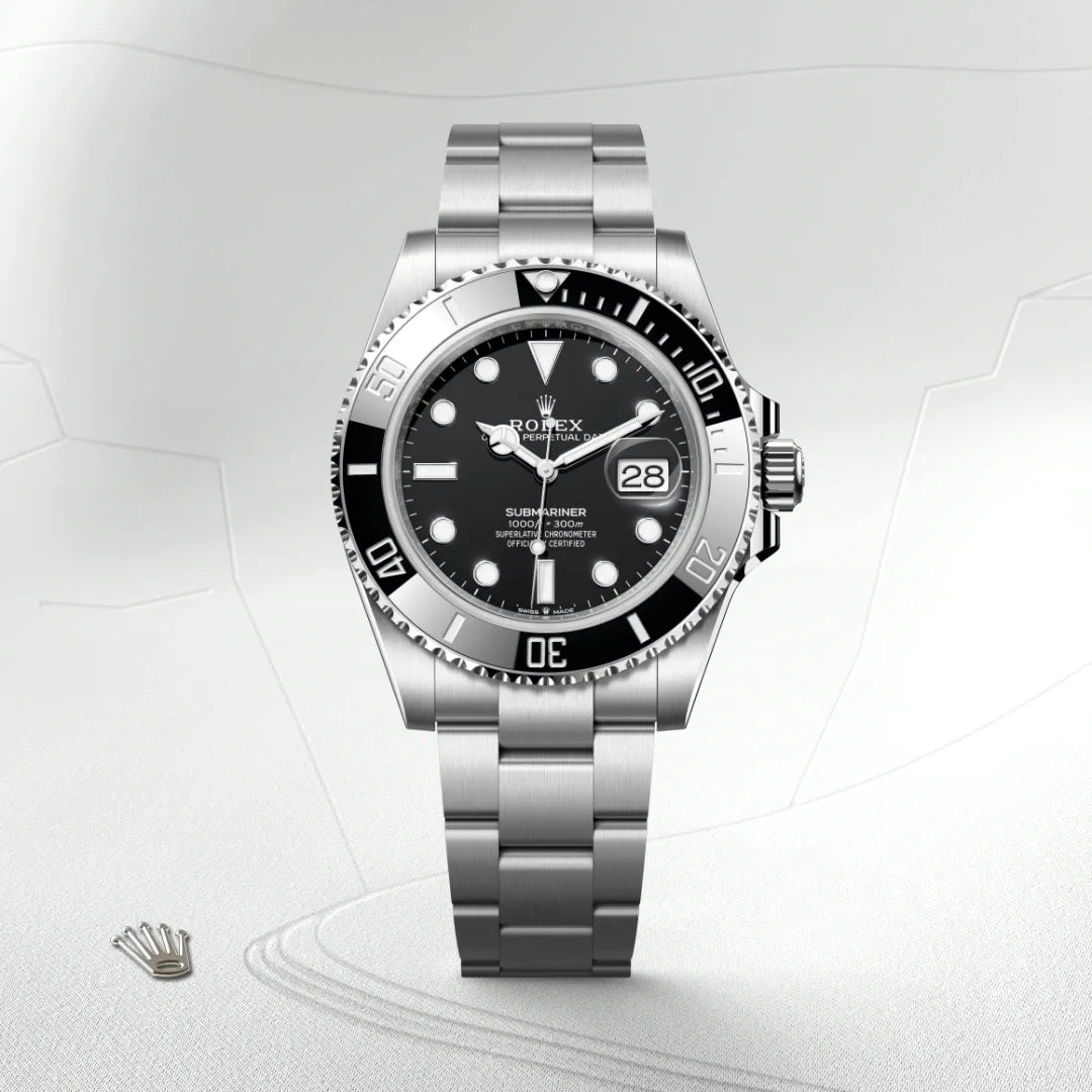 Rolex Submariner Date in Oystersteel with a Black dial, Unidirectional rotatable 60-minute graduated, scratch-resistant Cerachrom insert in black ceramic, numerals and graduations coated in platinum bezel, Oyster, three-piece solid links bracelet