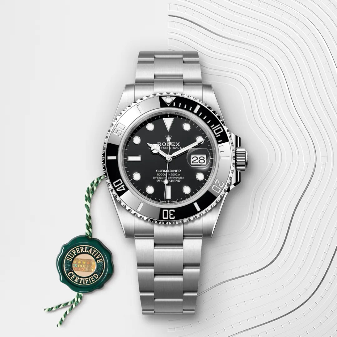 Rolex Submariner Date in Oystersteel with a Black dial, Unidirectional rotatable 60-minute graduated, scratch-resistant Cerachrom insert in black ceramic, numerals and graduations coated in platinum bezel, Oyster, three-piece solid links bracelet