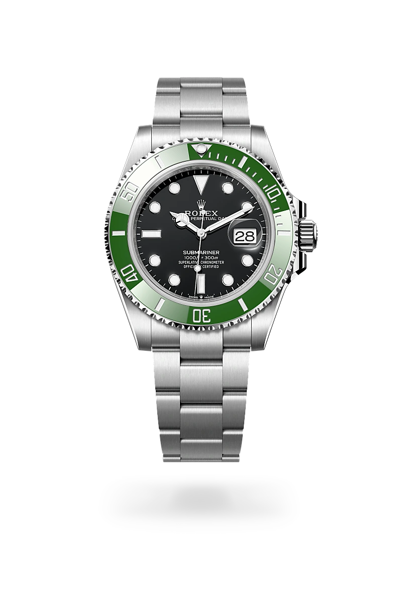Rolex Submariner Date in Oystersteel with a Black dial, Unidirectional rotatable 60-minute graduated, scratch-resistant Cerachrom insert in green ceramic, numerals and graduations coated in platinum bezel, Oyster, three-piece solid links bracelet