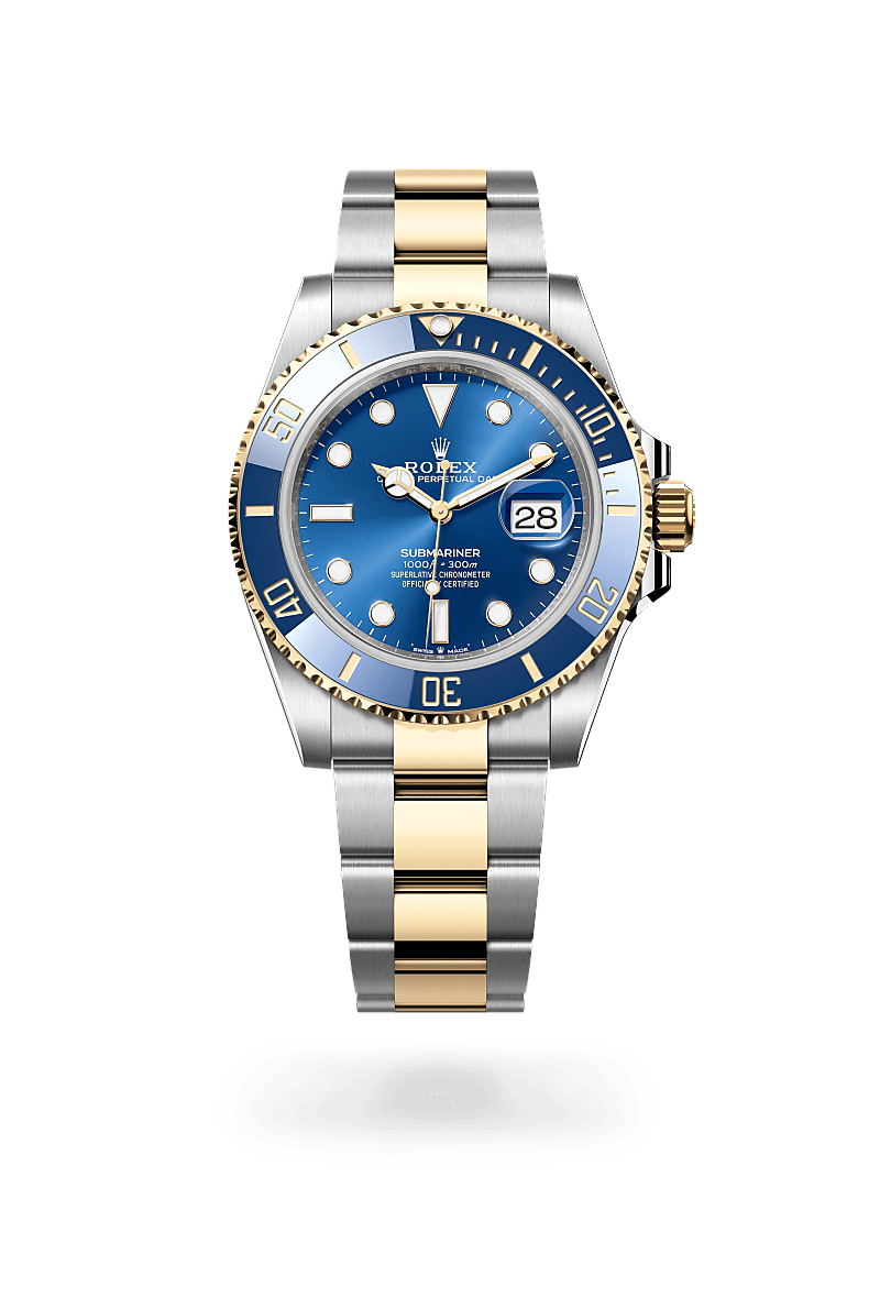 Rolex Submariner Date in Yellow Rolesor - combination of Oystersteel and yellow gold with a Royal blue dial, Unidirectional rotatable 60-minute graduated, scratch-resistant Cerachrom insert in blue ceramic, numerals and graduations coated in gold bezel, Oyster, three-piece solid links bracelet