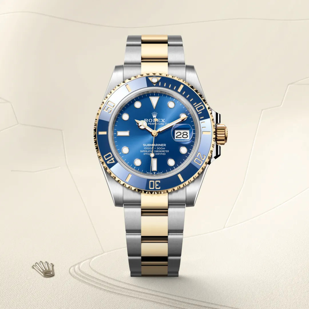Rolex Submariner Date in Yellow Rolesor - combination of Oystersteel and yellow gold with a Royal blue dial, Unidirectional rotatable 60-minute graduated, scratch-resistant Cerachrom insert in blue ceramic, numerals and graduations coated in gold bezel, Oyster, three-piece solid links bracelet