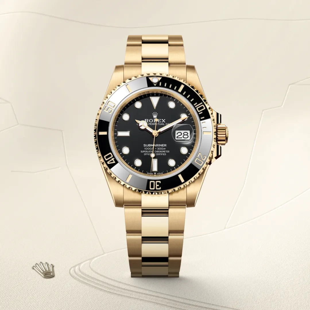 Rolex Submariner Date in 18 ct yellow gold with a Black dial, Unidirectional rotatable 60-minute graduated, scratch-resistant Cerachrom insert in black ceramic, numerals and graduations coated in gold bezel, Oyster, three-piece solid links bracelet