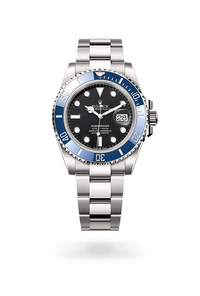 Rolex Submariner Date in 18 ct white gold with a Black dial, Unidirectional rotatable 60-minute graduated, scratch-resistant Cerachrom insert in blue ceramic, numerals and graduations coated in platinum bezel, Oyster, three-piece solid links bracelet