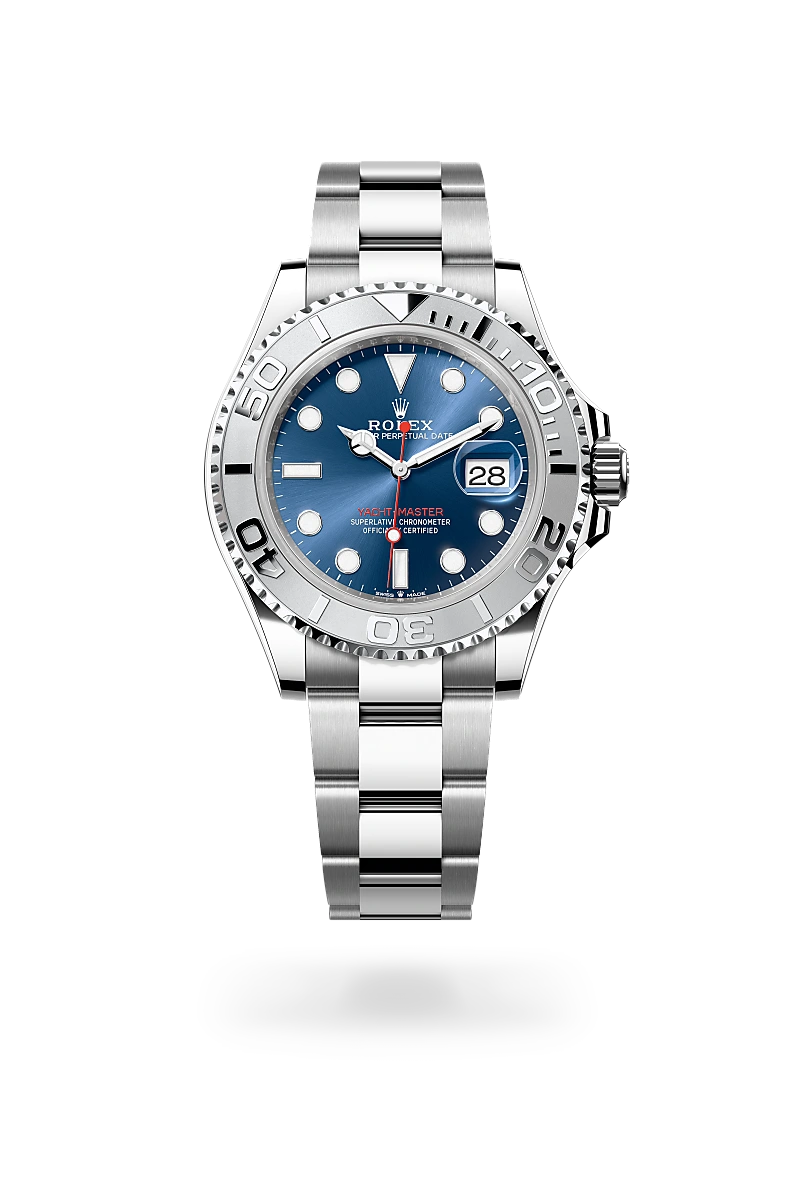 Rolex Yacht-Master 40 in Rolesium - combination of Oystersteel and platinum with a Bright blue dial, Platinum bidirectional rotatable 60-minute graduated with raised numerals bezel, Oyster, three-piece solid links bracelet