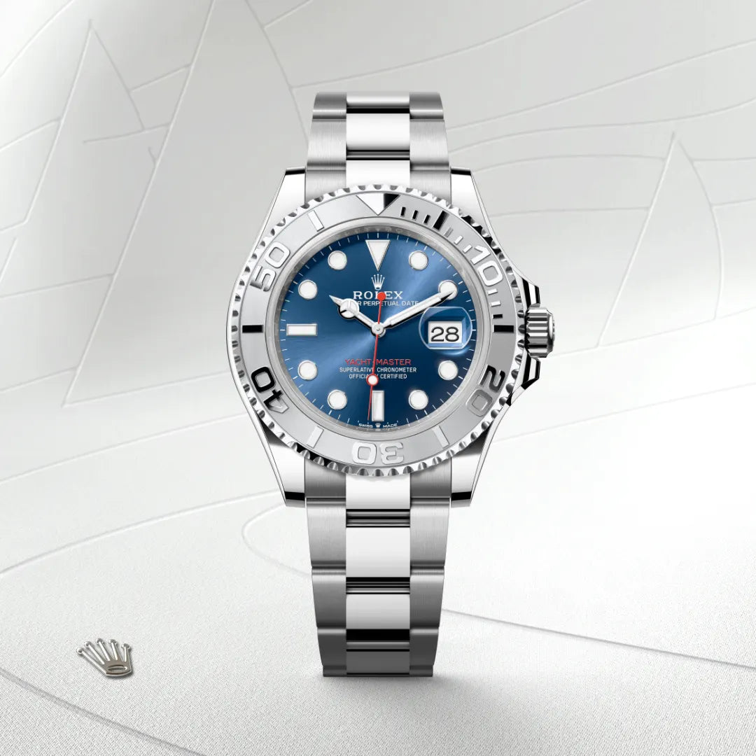 Rolex Yacht-Master 40 in Rolesium - combination of Oystersteel and platinum with a Bright blue dial, Platinum bidirectional rotatable 60-minute graduated with raised numerals bezel, Oyster, three-piece solid links bracelet