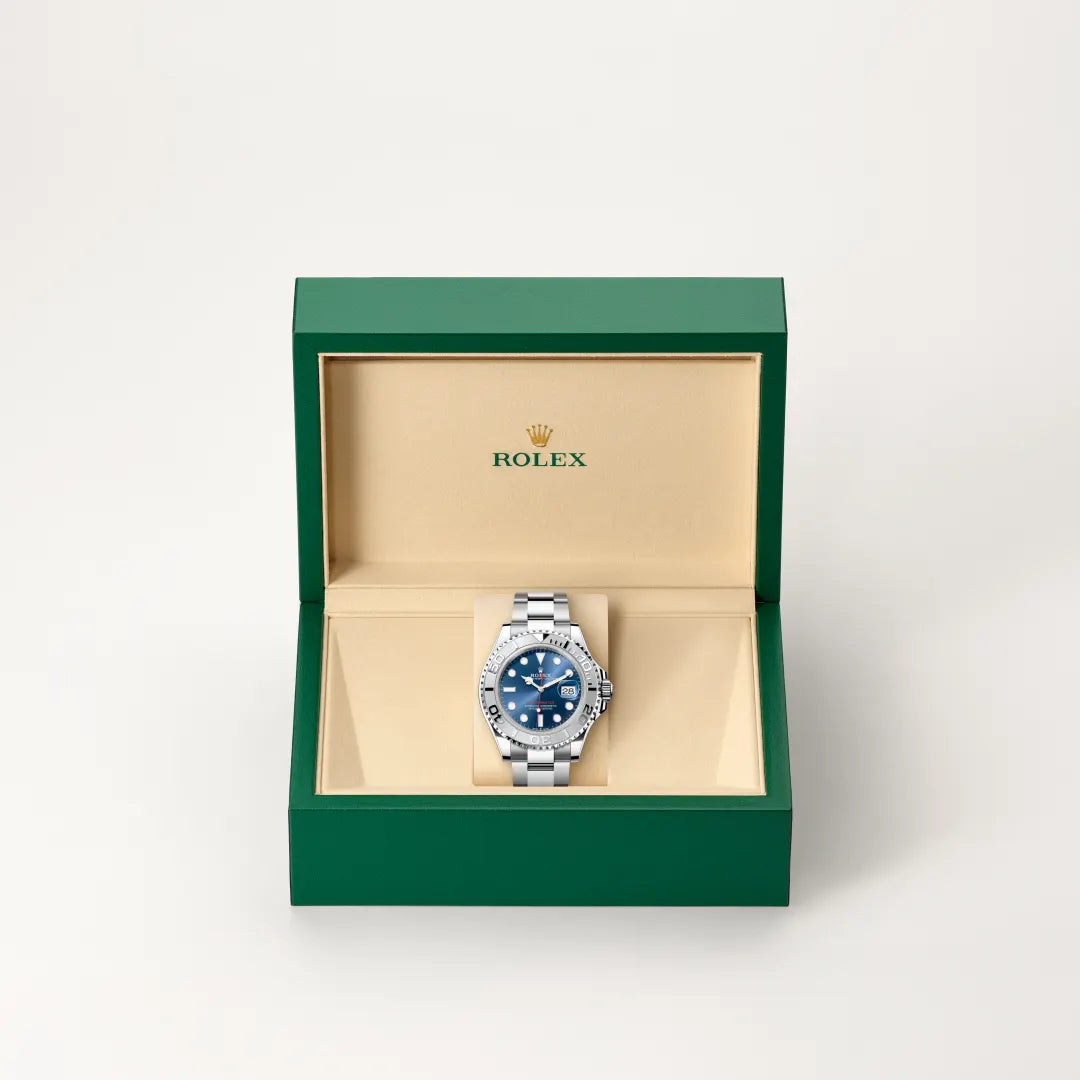 Rolex Yacht-Master 40 in Rolesium - combination of Oystersteel and platinum with a Bright blue dial, Platinum bidirectional rotatable 60-minute graduated with raised numerals bezel, Oyster, three-piece solid links bracelet