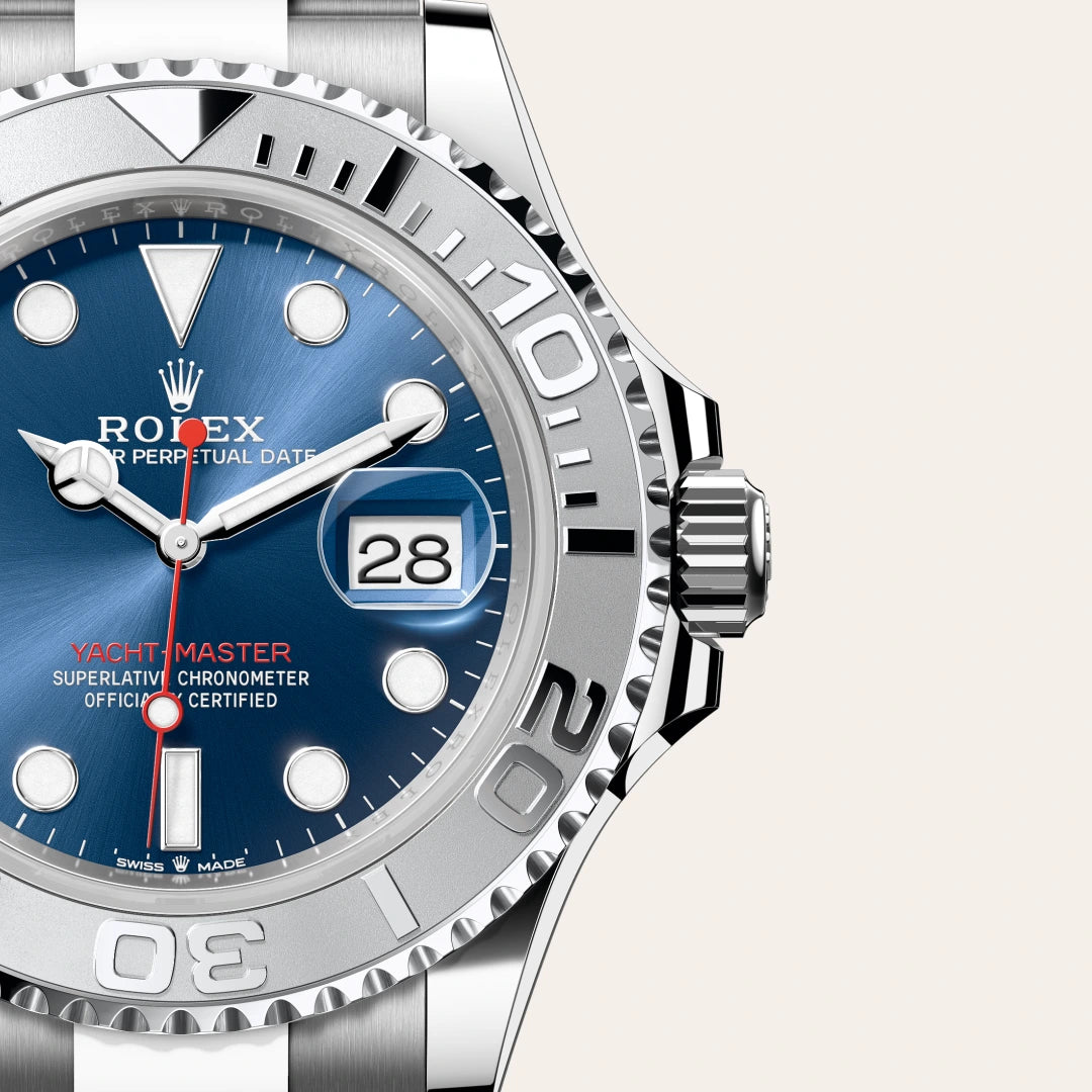 Rolex Yacht-Master 40 in Rolesium - combination of Oystersteel and platinum with a Bright blue dial, Platinum bidirectional rotatable 60-minute graduated with raised numerals bezel, Oyster, three-piece solid links bracelet