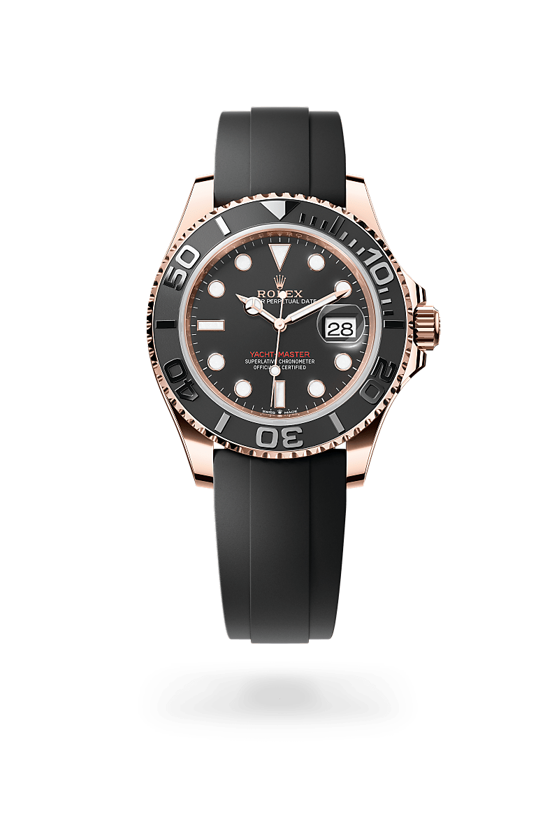 Rolex Yacht-Master 40 in 18 ct Everose gold with a Intense black dial, Bidirectional rotatable 60-minute graduated bezel with matt black Cerachrom insert in ceramic, polished raised numerals and graduations bezel, Oysterflex bracelet