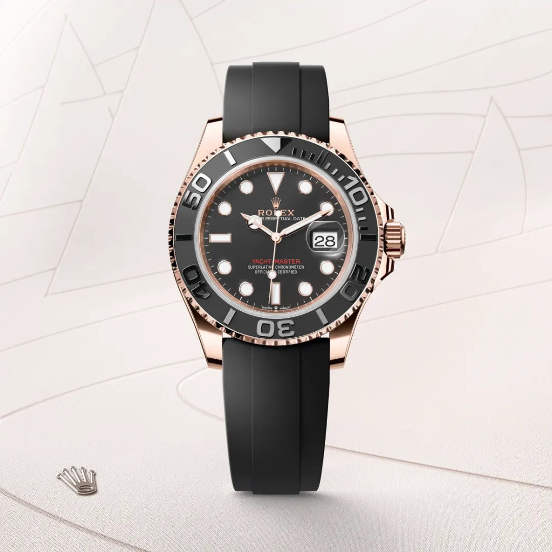 Rolex Yacht-Master 40 in 18 ct Everose gold with a Intense black dial, Bidirectional rotatable 60-minute graduated bezel with matt black Cerachrom insert in ceramic, polished raised numerals and graduations bezel, Oysterflex bracelet