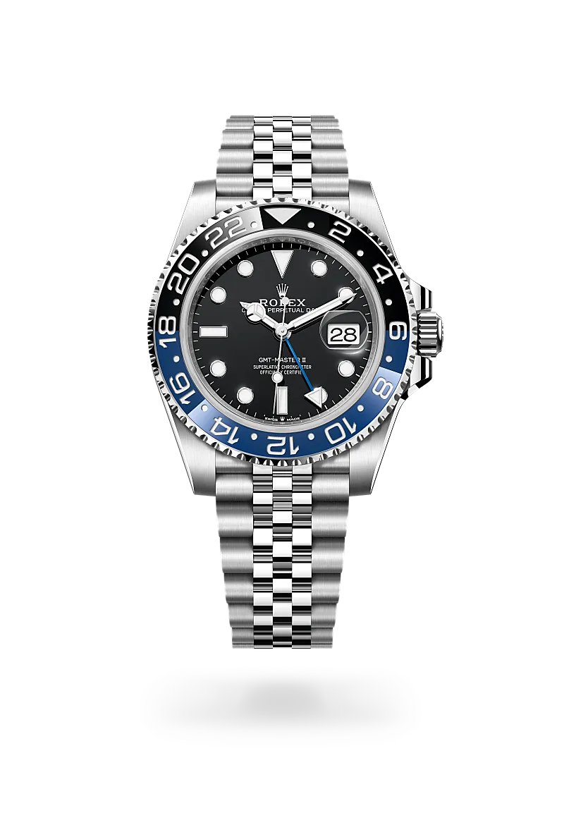 Rolex GMT-Master II in Oystersteel with a Black dial, Bidirectional rotatable 24-hour graduated bezel. Two-colour blue and black Cerachrom insert in ceramic, moulded numerals and graduations bezel, Jubilee, five-piece links bracelet