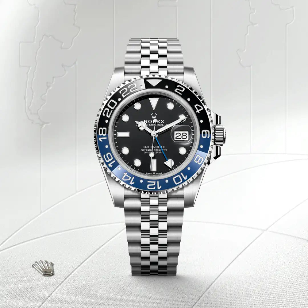 Rolex GMT-Master II in Oystersteel with a Black dial, Bidirectional rotatable 24-hour graduated bezel. Two-colour blue and black Cerachrom insert in ceramic, moulded numerals and graduations bezel, Jubilee, five-piece links bracelet