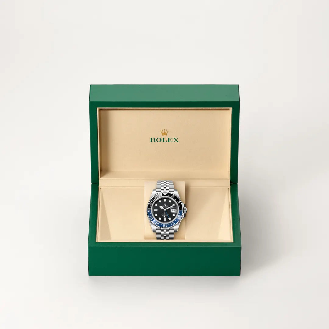 Rolex GMT-Master II in Oystersteel with a Black dial, Bidirectional rotatable 24-hour graduated bezel. Two-colour blue and black Cerachrom insert in ceramic, moulded numerals and graduations bezel, Jubilee, five-piece links bracelet
